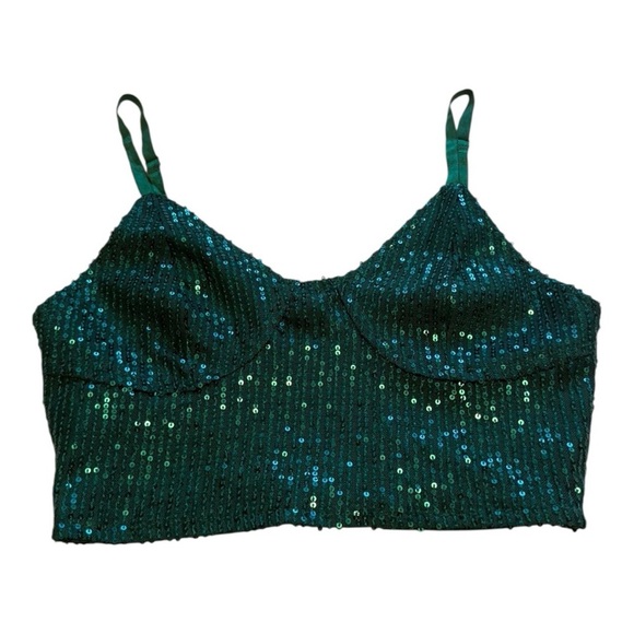 Green Sparkly Sequin Camisole Sleeveless Adjustable Spaghetti Straps Size Small - Picture 2 of 9